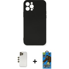 Cepte Toptan iPhone 12 Pro Max Ahenk Serisi - Siyah 18D Cam Ekran Koruyucu + Gold Shine Kamera Lens