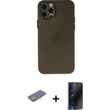 Cepte Toptan iPhone 12 Pro Max Atlas Minimal Prime - Siyah 3D Antistatik Hayalet Cam Ekran Koruyucu + Sarı Renkli Kamera Lens Koruma Cam