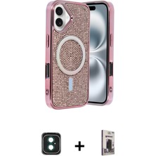 Cepte Toptan iPhone 16 Eksen Çizgi - Siyah Bilvis Hayalet Cam Ekran Koruyucu + Yeşil Pvd Metal Kamera Lens