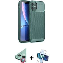 Cepte Toptan iPhone 11 Eksen Form Prime - Siyah 3D Antistatik Cam Ekran Koruyucu + Kırmızı Raze Metal Kamera Lens