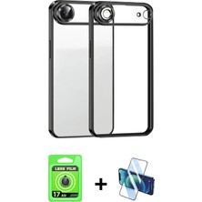 Cepte Toptan iPhone 17 Air Vadi Minimal - Siyah 3D Antistatik Cam Ekran Koruyucu + Mavi Raze Metal Kamera Lens