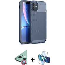iPhone 11 Eksen Form Prime - Siyah 3D Antistatik Cam Ekran Koruyucu + Kırmızı Raze Metal Kamera Lens