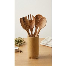 Doğal Zeytin Ağacı 5 Parça Mutfak Hazırlık Seti - El Yapımı Ahşap Kaşık, Spatula ve Standlı Set