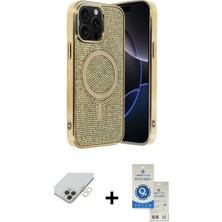 Cepte Toptan iPhone 14 Pro Max Eksen Çizgi - Şeffaf Royal Nano Ekran Koruyucu + Gold Band Metal Kamera Lens