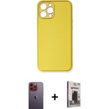 Cepte Toptan iPhone 12 Pro Max Yadigar Klasik - Siyah Bilvis Hayalet Cam Ekran Koruyucu + Turuncu Neon Fosforlu Kamera Lens