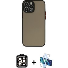 Cepte Toptan iPhone 15 Pro Max Ahenk Çizgi Serisi - Siyah 3D Antistatik Seramik Nano Ekran Koruyucu + Turuncu Pvd Metal Kamera Lens
