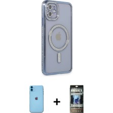 iPhone 11 Zirve Doku Prime - Siyah 34D Hayalet Izgaralı Cam + Mavi Neon Fosforlu Kamera Lens
