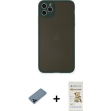 Cepte Toptan iPhone 11 Pro Max Ahenk Çizgi Serisi - Siyah Mat Seramik Nano Ekran Koruyucu + Mavi Metal Kamera Lens Koruma Cam