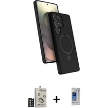 Cepte Toptan Galaxy S24 Ultra Iz Işık Koleksiyonu - Siyah Durable Full Glue Curved Hayalet Cam + Derin Mor Bilvis Titan Kamera Lens