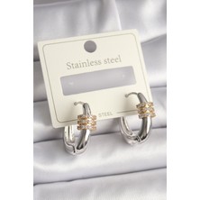 Senson 316L Çelik Gümüş Renk Halka Zirkon Gold Zirkon Taşlı Kadın Küpe - Lisinya