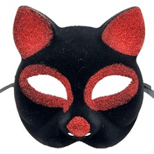 Ttt Siyah Kırmızı Simli Süet Kedi Maskesi