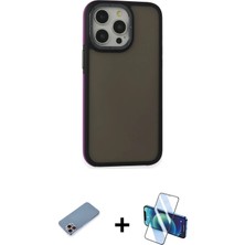 Cepte Toptan iPhone 13 Pro Max Eksen Işık - Siyah 3D Antistatik Cam Ekran Koruyucu + Pembe Shine Kamera Lens Koruma Cam