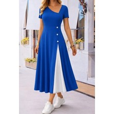 Modatıkla Kadın Kısa Kollu Asimetrik Yakalı Düğme Detaylı Midi Viskon Elbise