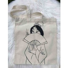 El Yapımı El Çizimi Mulan Temalı Illüstrasyon %100 Pamuk Ham Bez Çanta - Özel Tasarım Tote Bag