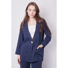 Jument Kadın Baharlık Kumaş Rahat Kesim Yakalı Cepli Kolu Katlamalı Boyfriend Blazer Ceket-Lacivert
