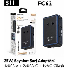 Azurtech FC62 25W Gan Seyahat Şarj Adaptörü 3 Çıkışlı (2xusb-C + Usb-A + Ac) Hızlı Şarj