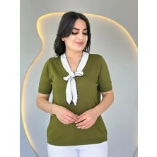 Modatıkla Kadın Kısa Kollu V Yaka Fular Detay Merserize Triko Bbluz