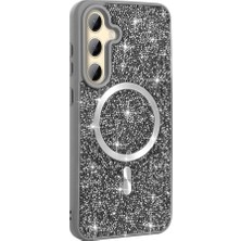 Sionel Galaxy S25 Fe Kılıf Pırlanta Tasarımlı M-Safe Şarj Özellikli Zore Mozaik Silikon Kapak - Titanyum-Gr