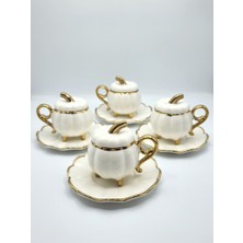 Be-Lis Bal Kabağı Formlu Ayaklı Lüks Porselen 6'lı Kapaklı, Beyaz Kahve Fincan Takımı