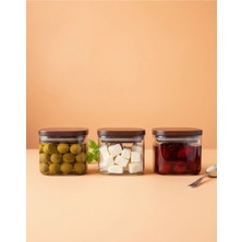 Clara 3'lü Metal Vakumlu Kapak Cam Kare Saklama Kabı 10 cm