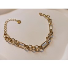 Euro Aksesuar 316L Çelik 14K Altın Kaplama Figaro & Halka Detaylı Ayarlanabilir Kadın Bileklik (17-23 Cm)