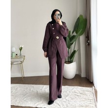 RFK Butik Kadın Zara Kupra Seyyar Kemerli Gold Düğmeli Pantolonlu Takım - Mürdüm