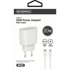 Ferro W20 Apple IPhone Tüm Modeller Için Uyumlu Hızlı Şarj Aleti Set 20W Adaptör & Usb-C Kablo