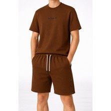 İnce Moda Giyim Erkek Oversize Tişört & Şort Takım – Nakış Detaylı, Premium Kumaş (Kahverengi / Bej / Haki)