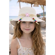 Aydın Şapkacınız %100 Hasır Premium Kız Çocuk Şapka – Papatya & Boncuk Detaylı (4-8 Yaş | 48 cm