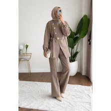 RFK Butik Kadın Zara Kupra Seyyar Kemerli Gold Düğmeli Pantolonlu Takım - Vizon