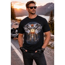 İnce Moda Giyim Erkek Biker Baskılı T-Shirt – Motor Temalı Premium Dijital Baskı, Oversize Rahat Kalıp (Siyah / Lacivert / Haki)
