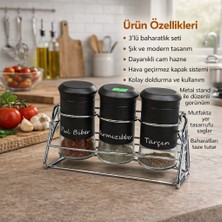 3’lü Cam Baharatlık Seti Metal Standlı Siyah Kapaklı Modern Mutfak Düzenleyici