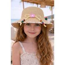 Aydın Şapkacınız %100 Hasır Premium Kız Çocuk Şapka – Papatya & Boncuk Detaylı (4-8 Yaş | 48 cm