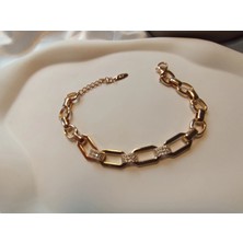 Euro Aksesuar Xuping Bileklik, 19-23 cm Ayarlanabilir Zincir, Rosegold Kaplama Oval Halkalar, 3 Sıra Kristal Taş Detayı, Suya Dayanıklı