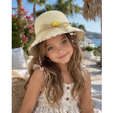 Aydın Şapkacınız %100 Hasır Premium Kız Çocuk Şapka – Papatya & Boncuk Detaylı (4-8 Yaş | 48 cm