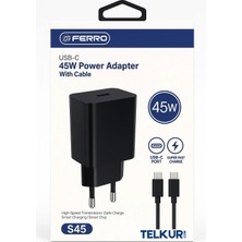 Ferro S45 Siyah 45W Usb-C Çıkışlı Süper Hızlı Şarj Adaptör Başlık - Typec & Typec 1m Kablo Seti