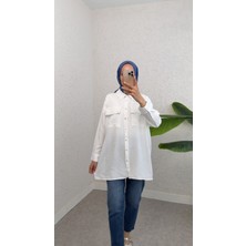 Modamorfo Yakası ve Cepleri Dantel Detaylı  Gömlek -Beyaz