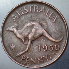 Banknoting Avustralya 1 Penny 1950 Kanguru-Kral 6. George 30,8 mm Bronz.