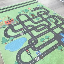 Limajuno Home & Kids Carpet Yeşil Zeminli Araba Yollu Desenli Dijital Baskılı Çocuk HALISI_100 x 150 cm