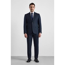 Süvari Lacivert Slim Sivri Yaka Kazayağı Armürlü Kapaklı Cep Standart 6 Drop Takım Elbise