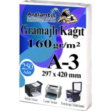 Artlantis A3 Gramajlı Fotokopi Kağıdı 250 Adet 160 gr Sertifika Kağıdı Kalın Kağıt Baskı Tüm Yazıcılara Uyumlu 29.7X42CM Ofis Büro