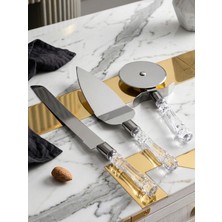 Mucit Home 3lü Kristal Görünümlü Saplı Çelik Servis Seti Pizza Kesici Kek Bıçağı Pasta Spatulası