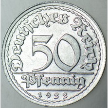 Banknoting Almanya 50 Pfennig 1922 G. Weimar Cumhuriyeti Dönemi. Çil.