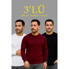 Giyim Center Erkek Fitilli Triko Bisiklet Yaka Kalın Kazak 3'lü Set Beyaz-Bordo-Siyah