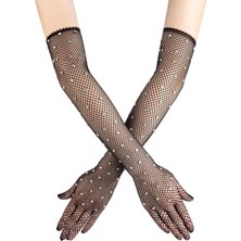 Elektronikçim Siyah Renk Incili Elmas Işlemeli File Örgü Uzun Eldiven 45 cm