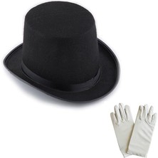 Elektronikçim Siyah Sihirbaz Fötr Şapka 15 cm - 1 Çift Beyaz Sihirbaz Eldiveni - Yetişkin Boy