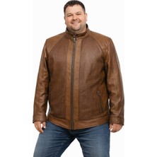 Viamod Leather Büyük Beden Erkek Kahverengi Hakim Yaka Modern Tasarım Dokulu Saf Deri Mont 4631