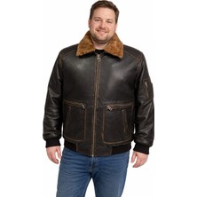 Viamod Leather Büyük Beden Erkek Hakiki Deri Ceket Kürk Yakalı Siyah Premium Pilot Model Gerçek Deri Mont Üretici Garantili