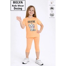 Belya Kids Wear Trend Tasarım Cute KEDI12 Kız Çocuk Pamuk Kumaş T-Shirt Tayt Takım