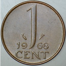 Banknoting Hollanda 1 Cent 1968 Kraliçe Juliana Dönemi.